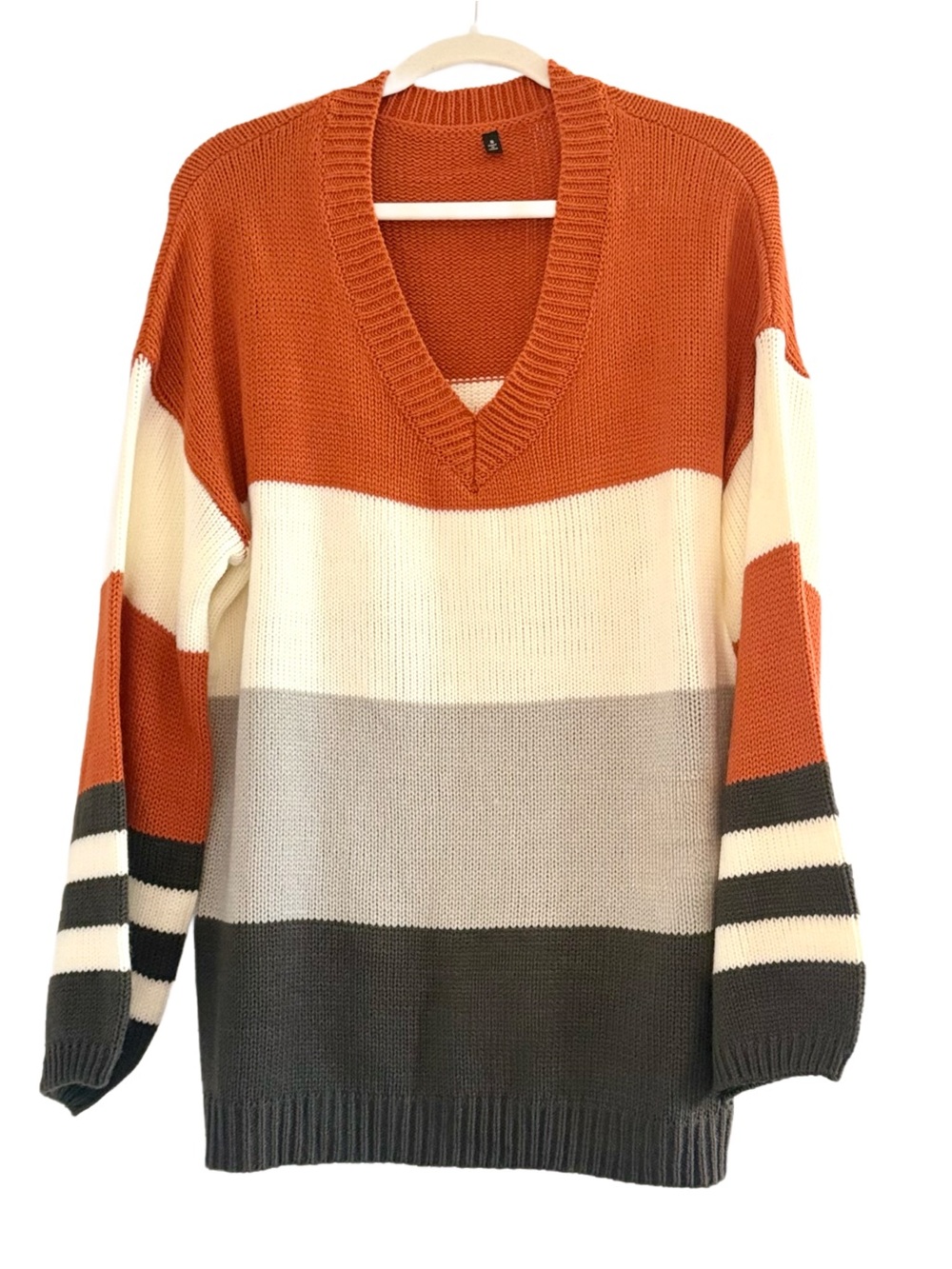 Fall V-Neck Colorblock Sweater - Rust, Cream & Gray Oversized Fit